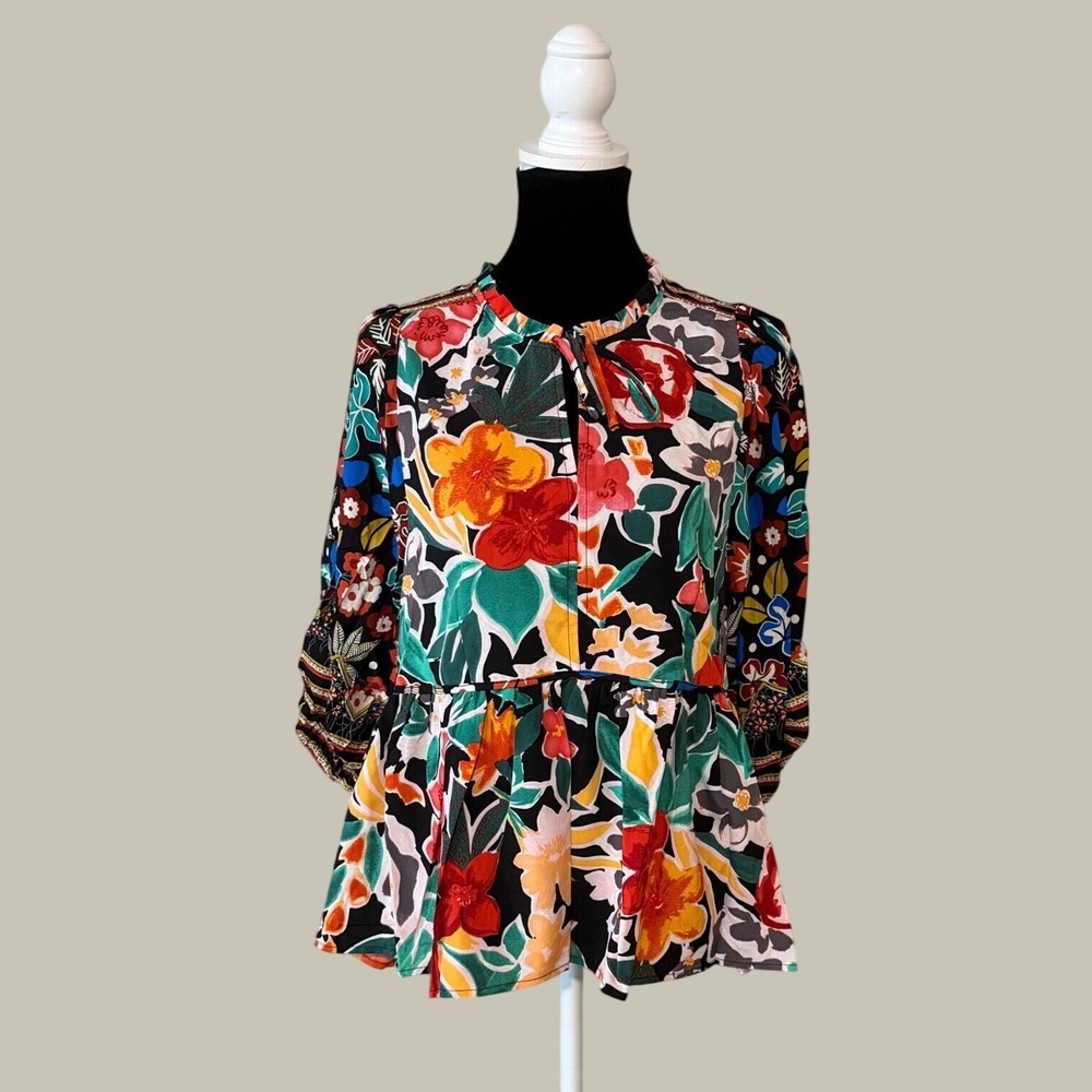 Umgee USA Floral Peplum Top Tie Neck Balloon Sleeve Multi Color Blouse‎ K7617 M